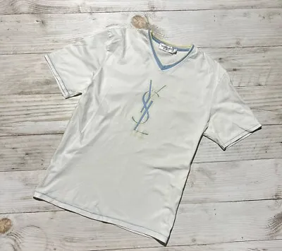 Vintage Yves Saint Laurent T-Shirt Big Logo YSL V-Neck  Man Size M • $55