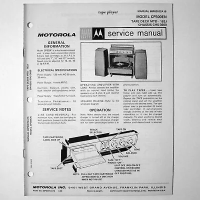 Motorola ® Model CP500EN MTD-163J Record Player 8 Track Service Manual © 1969 • $4.70
