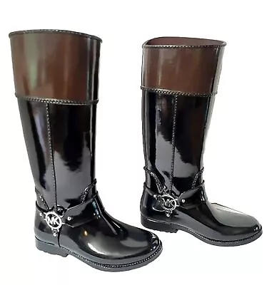 Michael Kors MK Women Fulton Harness Riding Rubber Rain Boots Black/Brown Size 7 • $42.75