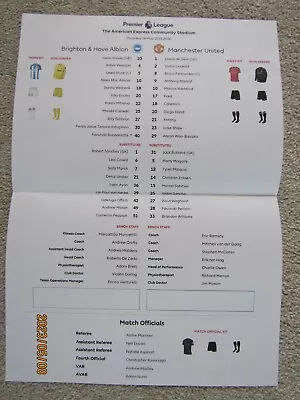 BRIGHTON V MAN UTD Thurs 4 May 2023 (OFFICIAL PREMIER LEAGUE TEAM SHEET ONLY) • £1