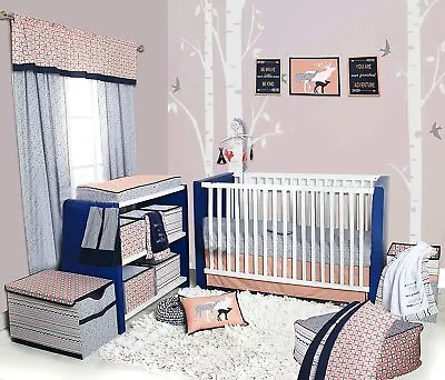 Coral Navy Blue Deer Tribal Geo 10 Pc Crib Bedding Baby Nursery Mobile Diaper • $137.90