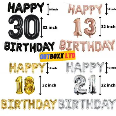 HAPPY BIRTHDAY 32 INCH FOIL NUMBER BALLOONS 13th 16th 18th 21st 30th PARTY DECOR • £5.45