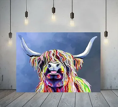 Gorgeous Highland Cow Tongue Out FRAMED CANVAS WALL ART PICTURE Or PAPER PRINT • £7.99