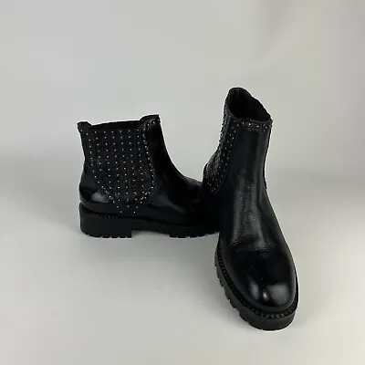 Zara Basic Ankle Boot Womens EU 40 Black Stud Leather Pull On Tread Block Heel • $69.30