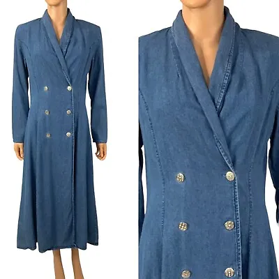 Vintage 80s Denim Duster Long Coat Double Breasted Jean Duster Grunge Forenza 12 • $65