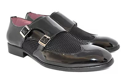 New Mens Double Monk Faux Patent Leather Slip On Buckle Dress Shoes Uk Size 6-12 • £16.99