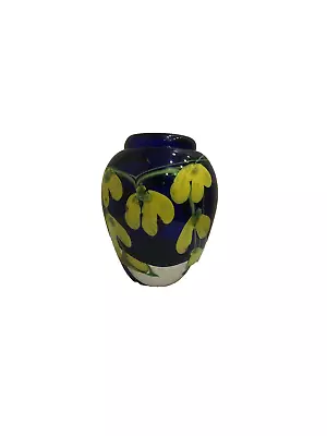 Vintage Murano Art Glass Vase Italy 5  Dark Blue Yellow Flowers Heavy Glossy • $32.99