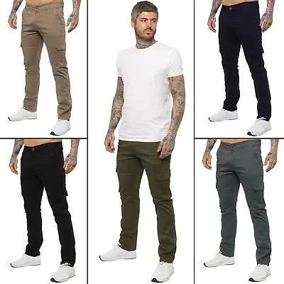 Enzo Cargo Trousers Mens Slim Fit Combat Chinos Cotton Stretch Work Pants • £20.99