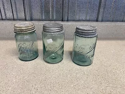 Lot Of 3 Antique/vintage Ball Mason Jars Blue Green Iridescent With Lids Pint • $20