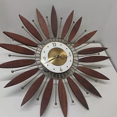 Vintage MCM FORESTVILLE Sunburst  Retro Wall Clock Wood And Brass 22  Diameter  • $199.99
