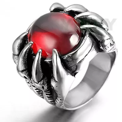 Mens Women Stainless Steel Casting Ring Ruby Red Garnet CZ Demon Eye Dragon Claw • $12.74