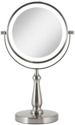 Cordless Round LED Lighted Dual Sided Vanity Makeup Mirror In Satin Nickel • $71.99