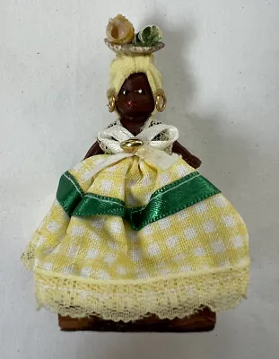 Vintage Miniature Plastic Doll W Yellow Dress On Wooden Stand Sea Shells Rare • $85