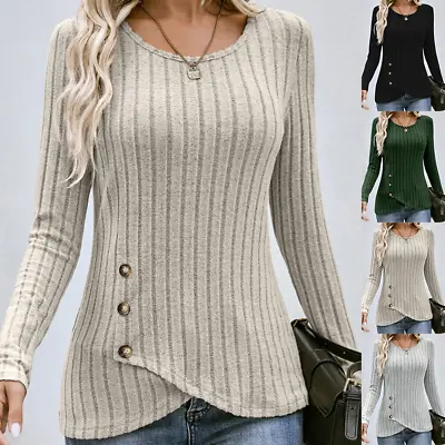 Round Neck Slim Long Sleeve Blouses T Shirts Button Womens Tops UK Autumn Ladies • £12.49