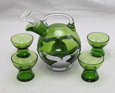 Vintage Farber Bros Krome Kraft Cordial Green Glass Decanter Set • $49.99