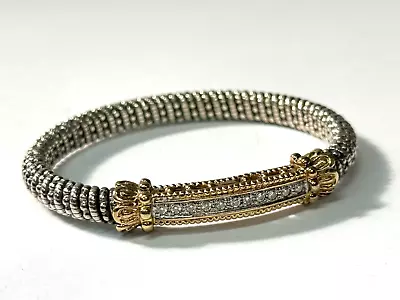 Vahan Sterling Silver & 14K Yellow Gold Diamond Pave Bar Bangle Bracelet • $1890