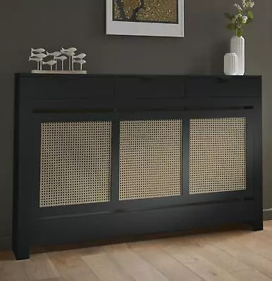 Black Radiator Cover Wall Cabinet Traditional Modern MDF Wood Rattan Shelf Large • £107.97