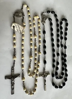 Vintage Religious Catholic Rosary Beads White Black Crucifix Lot Of 2 • $29.99
