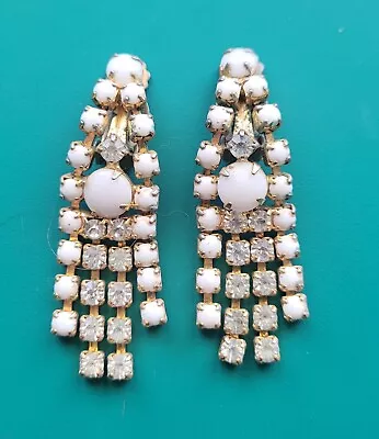 Vintage Milk Glass And Rhinestone Gold Tone Clip Earrings 2.25  • $15