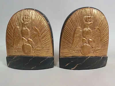 Napoleon French Shako Eagle Bookends Gold Gilt Faux Blue Marble Grand Tour Style • $185