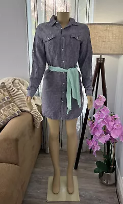 Island Company Safari Dress 100% Linen Gray Size S Small Shirt Dress Button Down • $29.99