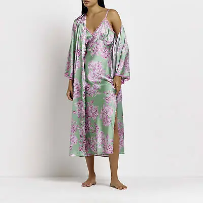 £11 • Buy River Island Womens Midi Chemise Dress Green Satin Floral Sleeveless V-Neck