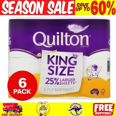 $16.61 • Buy Toilet Paper Rolls Tissue 3-Ply Larger Sheets Quilton King Size 6pk Unscented AU