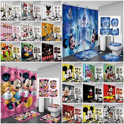 Mickey Mouse Bathroom Set 4pcs Shower Curtain Non-Slip Bath Mat Toilet Lid Cover • £10.79