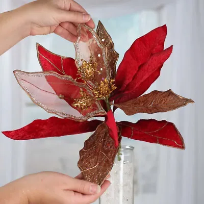 Red And Gold Velvet And Mesh Artificial 16  Magnolia Leaf Stem • $21.51