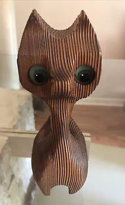 Mid Century Modern MCM Carved Tiki Wood Cat Sculpture Big Eyes Green 10” • $25