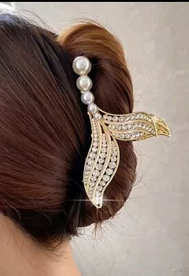 Gold Mermaid Fishtail Jumbo Faux Pearl Rhinestone Hair Clip • $10.31