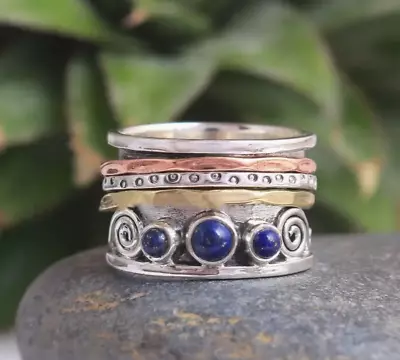 Lapis Lazuli  Ring Three Tone Ring Boho Anxiety BandSilver  Size 9 Or 10 • $12.95