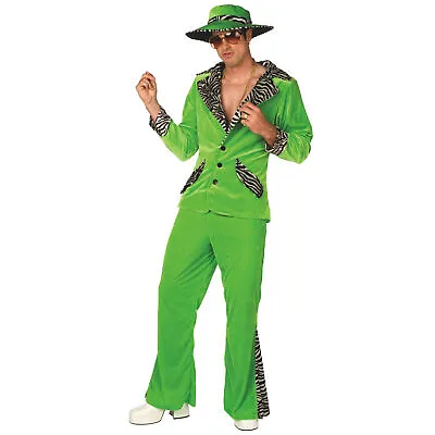 Men`s Green PIMP DADDY Costume + Hat 1970s Gangster Velvet Suit Halloween • $40.95