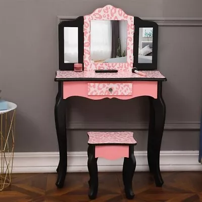 Three-Fold Mirror Single Drawer Arc Feet Children Dresser Red Leopard Print • $86.31