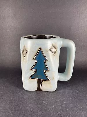 Vintage Mara Mexican Pottery Stoneware Pine Tree Blue Square Mug • $22