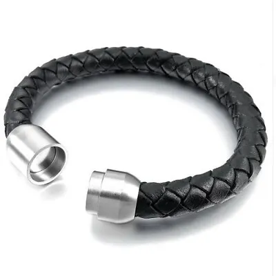 Mens Genuine Braided Leather Bracelet  Brushed Stainless Steel Magnetic Clasp • £7.99