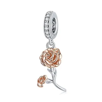 $27.99 • Buy S925 Silver & Rose Gold Hanging Rose Flower Charm By Unique Designs