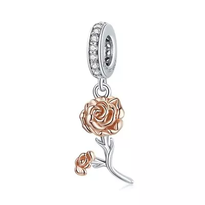$27.99 • Buy S925 Silver & Rose Gold Hanging Rose Flower Charm By YOUnique Designs