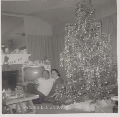 1958 Original B&W Photo Christmas Morning Tree Tinsel Ornaments Couple #138 • $13.60