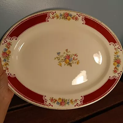 Vintage Homer Laughlin Ceramic Oval Platter Cranberry & Floral Accents 13.5  • $25