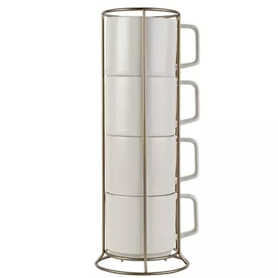 4Pc Dot Stoneware Mug Set With Rack Dishwasher And Microwave Safe 16 Oz White • $19.98