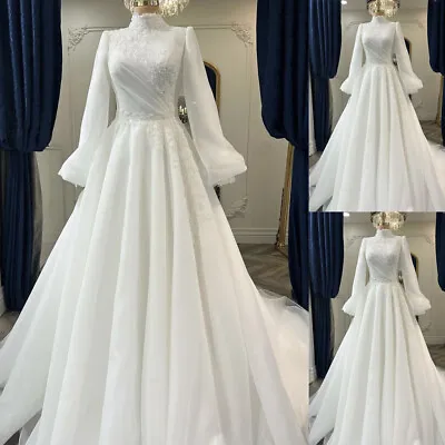 Muslim Chiffon Wedding Dresses With Long Sleeves Beading High Neck Bridal Gowns • $139.88