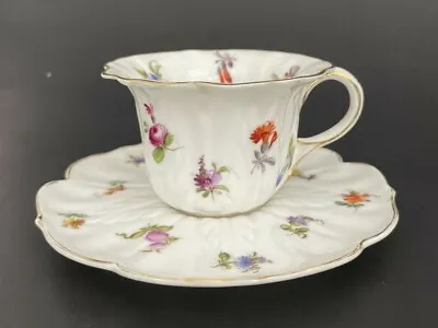 Dresden Meissen Cup Saucer Set White Floral Scalloped Crossed Sword S Demitasse • $137.58