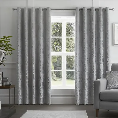Chateau Embossed Velvet Damask Eyelet Ring Top Fully Lined Curtains 66x72  183cm • £45.95