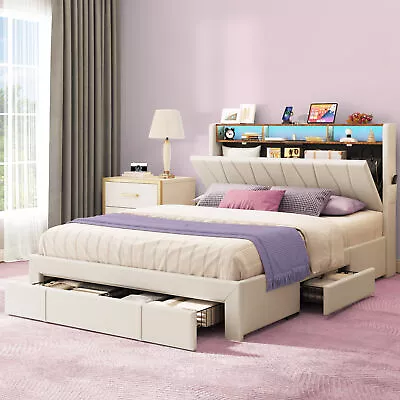 King Size Bed Frame LED Platform Bed W/Storage Upholstered Headboard & 4 Drawers • $318.99