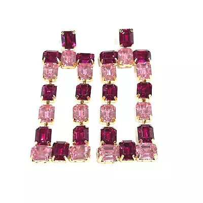 Pink Burgundy Rhinestone Long Dangle Drop Rectangle Fashion Earrings New Glam  • $19