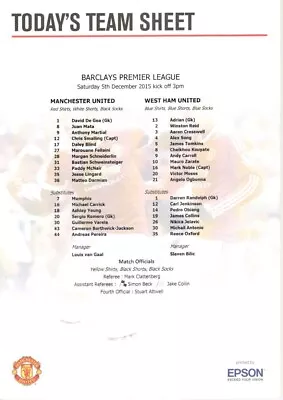 Team Sheet - Manchester United V West Ham 5.12.2015 • £2.99