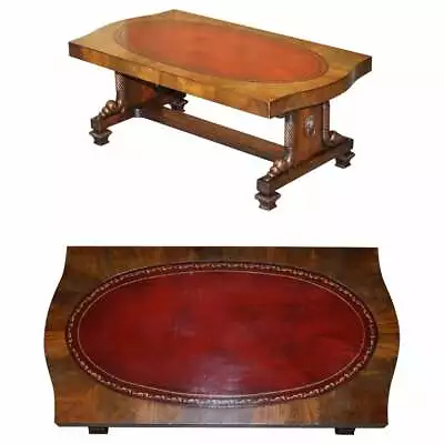 Regency Style Lions Head Handle Oxblood Leather & Walnut Coffee Occasional Table • $2177.96