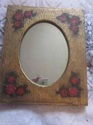 Vtg  Shabby Antique Gold Wood & Gesso Oval Mirror Frame  Hand Painted Roses • $49.99