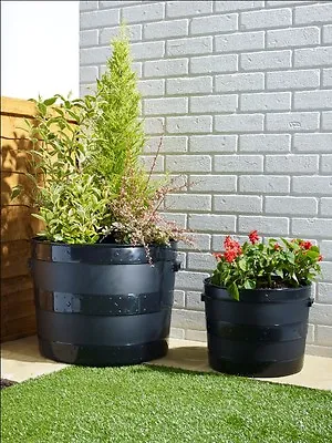 Blacksmith Barrel Black Plastic Planter Plant Pot Tub Garden Patio Out / Indoor • £8.95